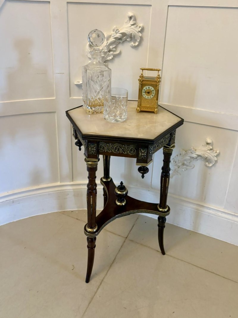 Antique Victorian French Quality Mahogany and Gilded Brass Marble Top Lamp Table - Image 3
